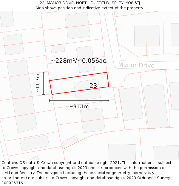 23, MANOR DRIVE, NORTH DUFFIELD, SELBY, YO8 5TJ: Plot and title map