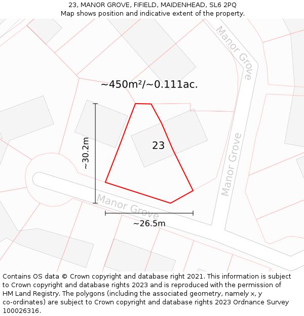 23, MANOR GROVE, FIFIELD, MAIDENHEAD, SL6 2PQ: Plot and title map
