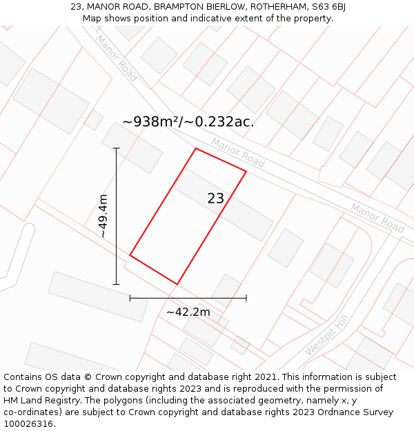 23, MANOR ROAD, BRAMPTON BIERLOW, ROTHERHAM, S63 6BJ: Plot and title map