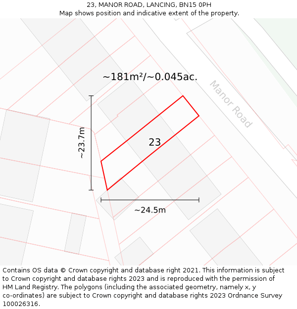 23, MANOR ROAD, LANCING, BN15 0PH: Plot and title map