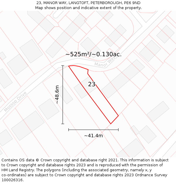 23, MANOR WAY, LANGTOFT, PETERBOROUGH, PE6 9ND: Plot and title map