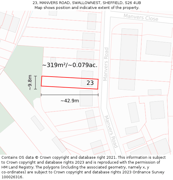 23, MANVERS ROAD, SWALLOWNEST, SHEFFIELD, S26 4UB: Plot and title map