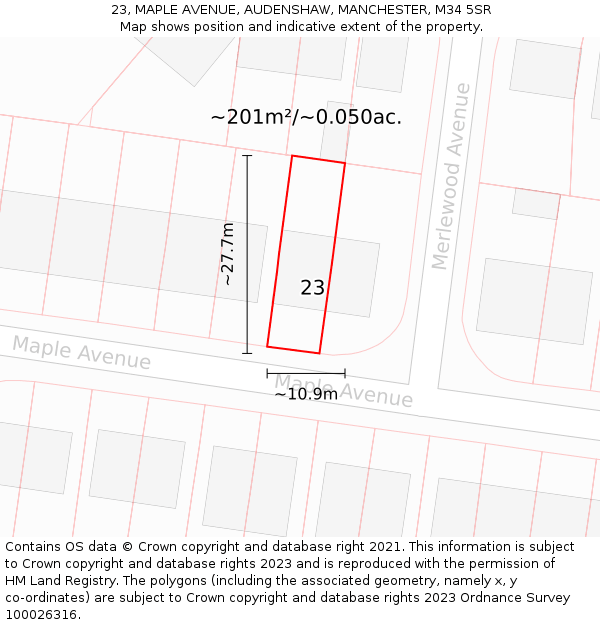 23, MAPLE AVENUE, AUDENSHAW, MANCHESTER, M34 5SR: Plot and title map