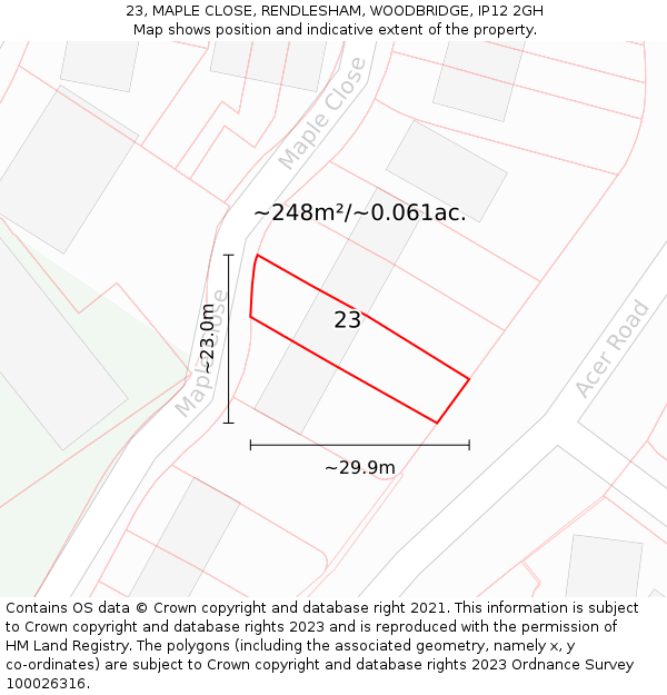 23, MAPLE CLOSE, RENDLESHAM, WOODBRIDGE, IP12 2GH: Plot and title map