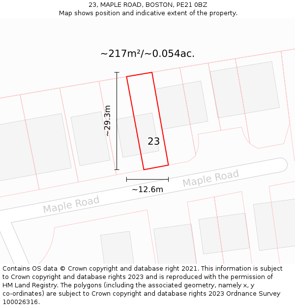 23, MAPLE ROAD, BOSTON, PE21 0BZ: Plot and title map