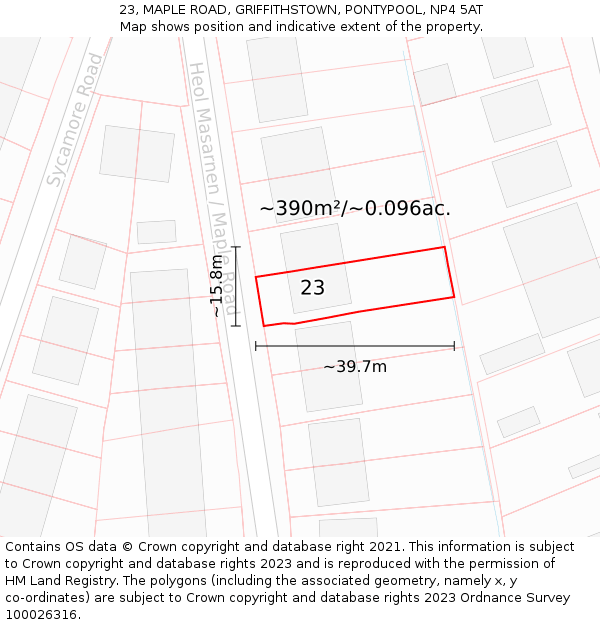 23, MAPLE ROAD, GRIFFITHSTOWN, PONTYPOOL, NP4 5AT: Plot and title map