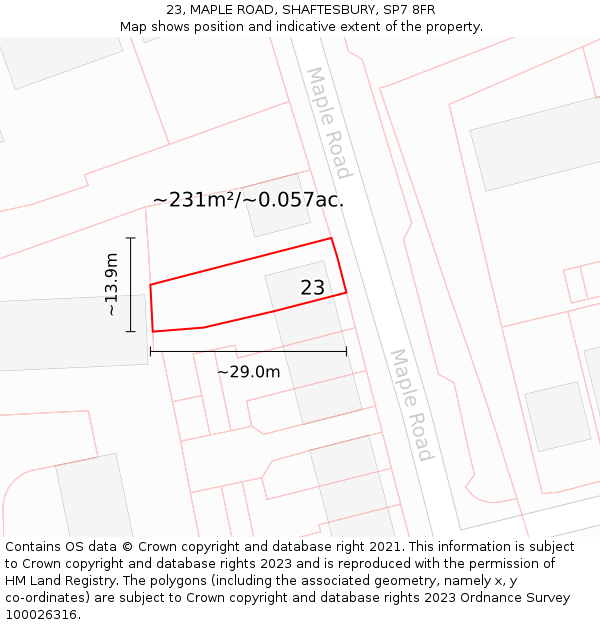 23, MAPLE ROAD, SHAFTESBURY, SP7 8FR: Plot and title map