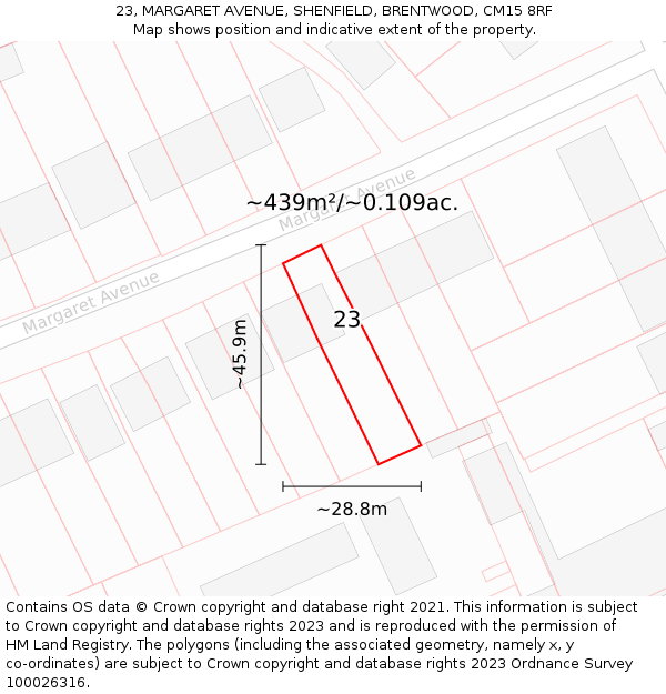 23, MARGARET AVENUE, SHENFIELD, BRENTWOOD, CM15 8RF: Plot and title map