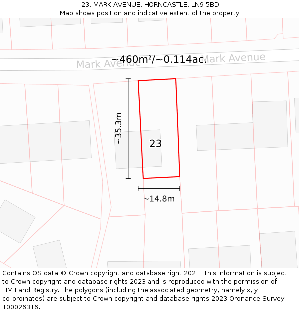 23, MARK AVENUE, HORNCASTLE, LN9 5BD: Plot and title map