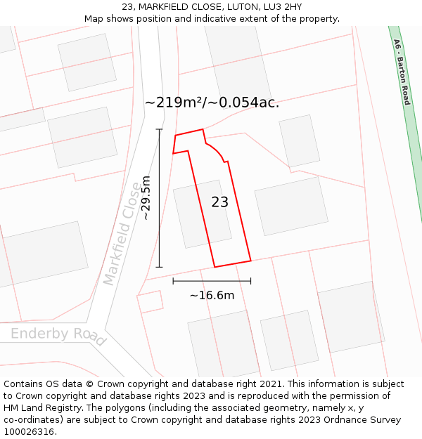 23, MARKFIELD CLOSE, LUTON, LU3 2HY: Plot and title map