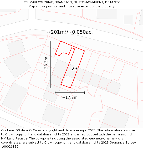23, MARLOW DRIVE, BRANSTON, BURTON-ON-TRENT, DE14 3TX: Plot and title map
