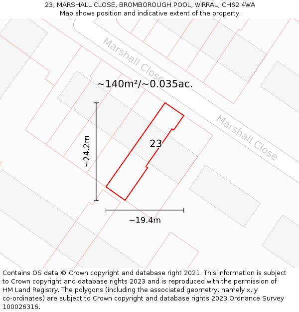 23, MARSHALL CLOSE, BROMBOROUGH POOL, WIRRAL, CH62 4WA: Plot and title map