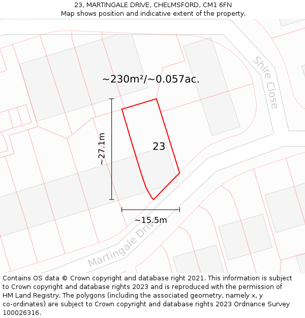 23, MARTINGALE DRIVE, CHELMSFORD, CM1 6FN: Plot and title map