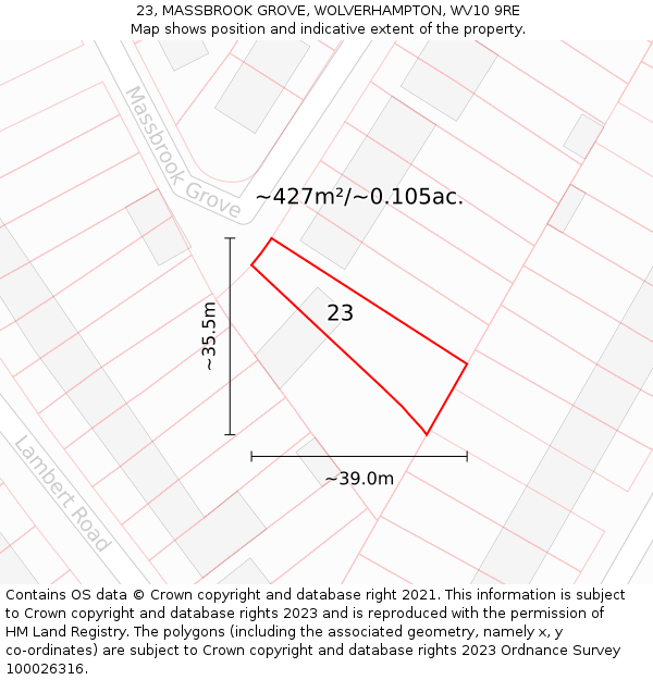 23, MASSBROOK GROVE, WOLVERHAMPTON, WV10 9RE: Plot and title map