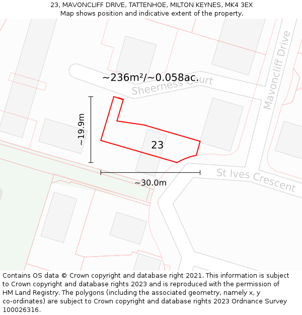 23, MAVONCLIFF DRIVE, TATTENHOE, MILTON KEYNES, MK4 3EX: Plot and title map