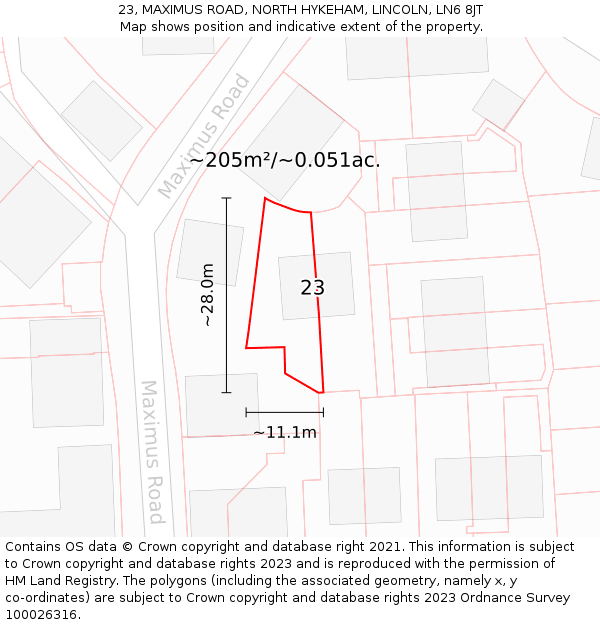 23, MAXIMUS ROAD, NORTH HYKEHAM, LINCOLN, LN6 8JT: Plot and title map