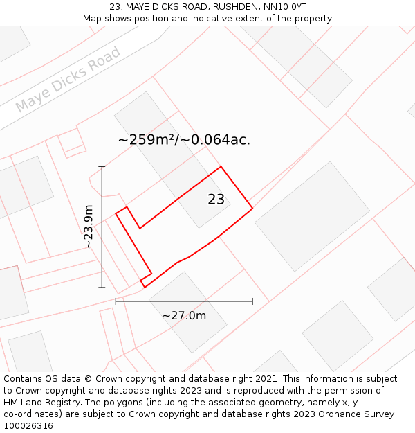 23, MAYE DICKS ROAD, RUSHDEN, NN10 0YT: Plot and title map