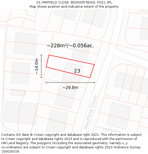 23, MAYFIELD CLOSE, BOGNOR REGIS, PO21 3PL: Plot and title map
