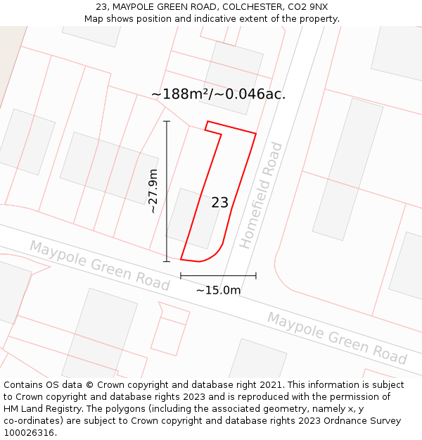 23, MAYPOLE GREEN ROAD, COLCHESTER, CO2 9NX: Plot and title map