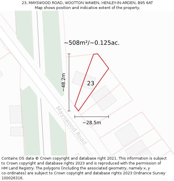 23, MAYSWOOD ROAD, WOOTTON WAWEN, HENLEY-IN-ARDEN, B95 6AT: Plot and title map