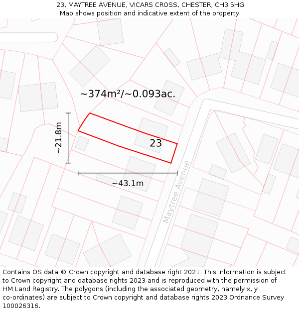 23, MAYTREE AVENUE, VICARS CROSS, CHESTER, CH3 5HG: Plot and title map