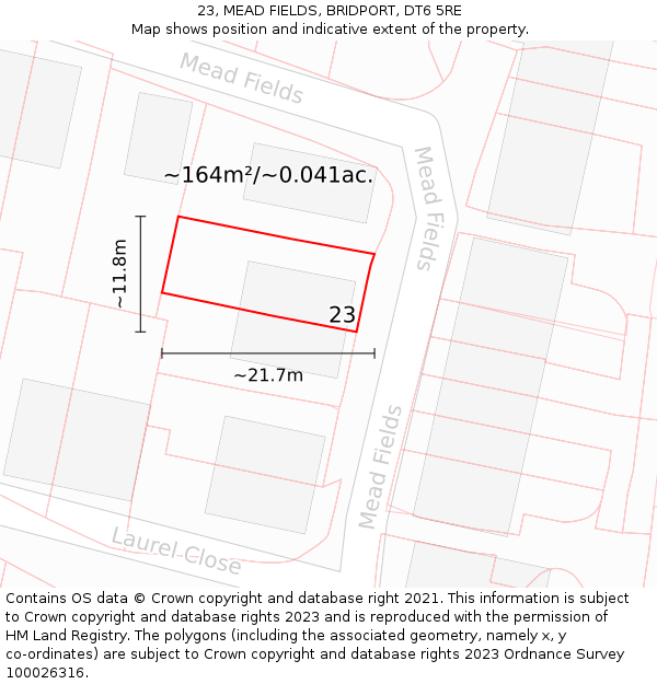 23, MEAD FIELDS, BRIDPORT, DT6 5RE: Plot and title map