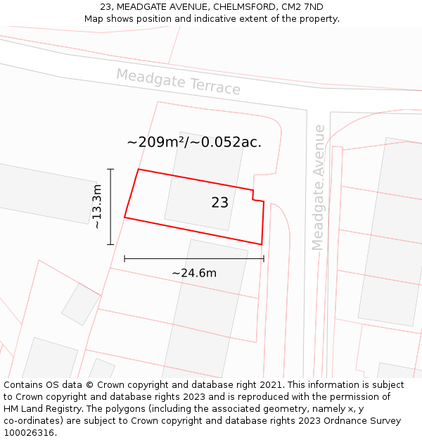 23, MEADGATE AVENUE, CHELMSFORD, CM2 7ND: Plot and title map