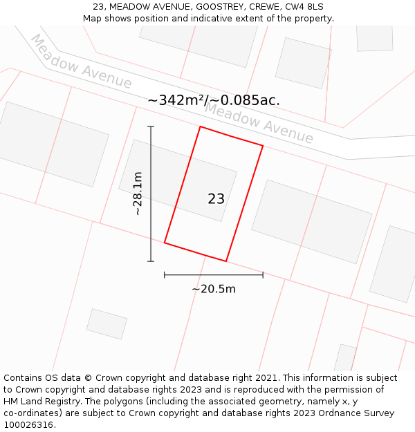 23, MEADOW AVENUE, GOOSTREY, CREWE, CW4 8LS: Plot and title map