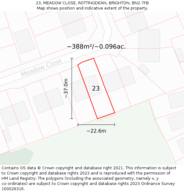 23, MEADOW CLOSE, ROTTINGDEAN, BRIGHTON, BN2 7FB: Plot and title map