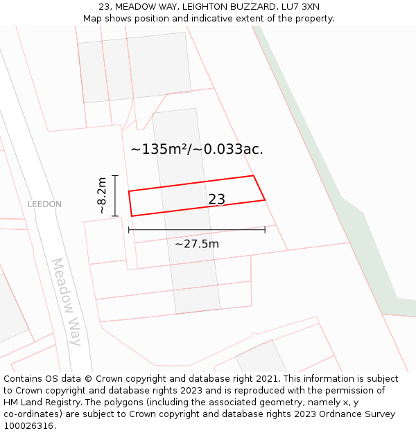 23, MEADOW WAY, LEIGHTON BUZZARD, LU7 3XN: Plot and title map