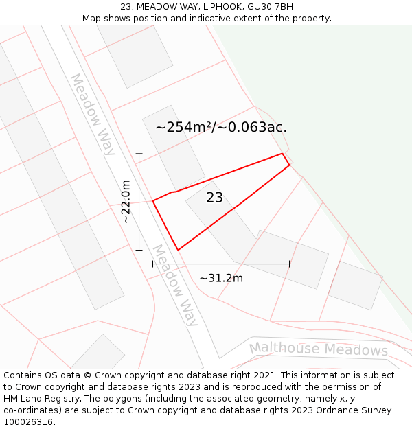23, MEADOW WAY, LIPHOOK, GU30 7BH: Plot and title map