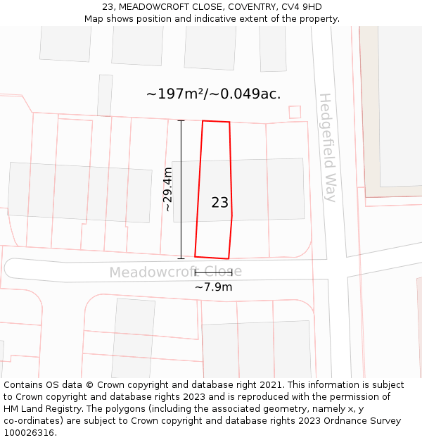 23, MEADOWCROFT CLOSE, COVENTRY, CV4 9HD: Plot and title map