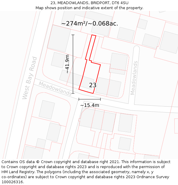 23, MEADOWLANDS, BRIDPORT, DT6 4SU: Plot and title map