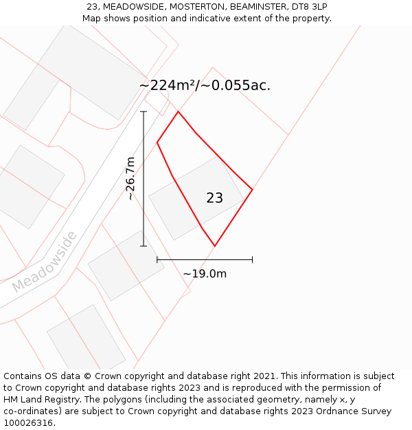 23, MEADOWSIDE, MOSTERTON, BEAMINSTER, DT8 3LP: Plot and title map