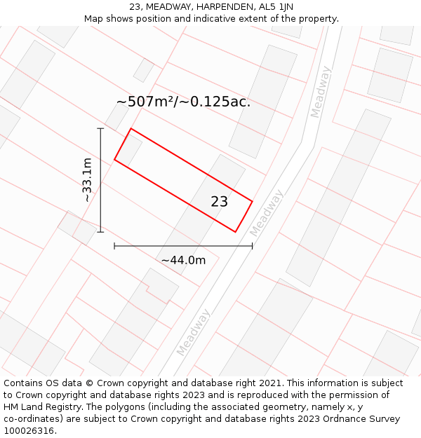 23, MEADWAY, HARPENDEN, AL5 1JN: Plot and title map