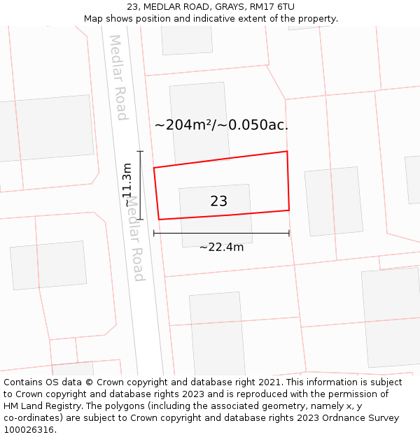23, MEDLAR ROAD, GRAYS, RM17 6TU: Plot and title map