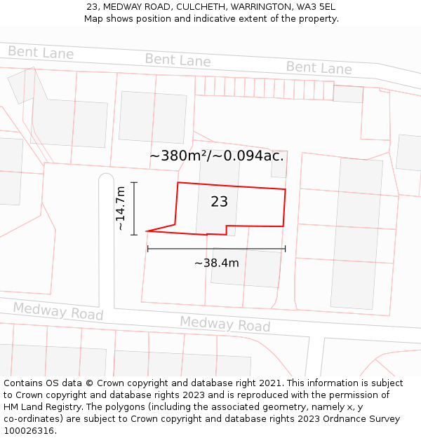 23, MEDWAY ROAD, CULCHETH, WARRINGTON, WA3 5EL: Plot and title map