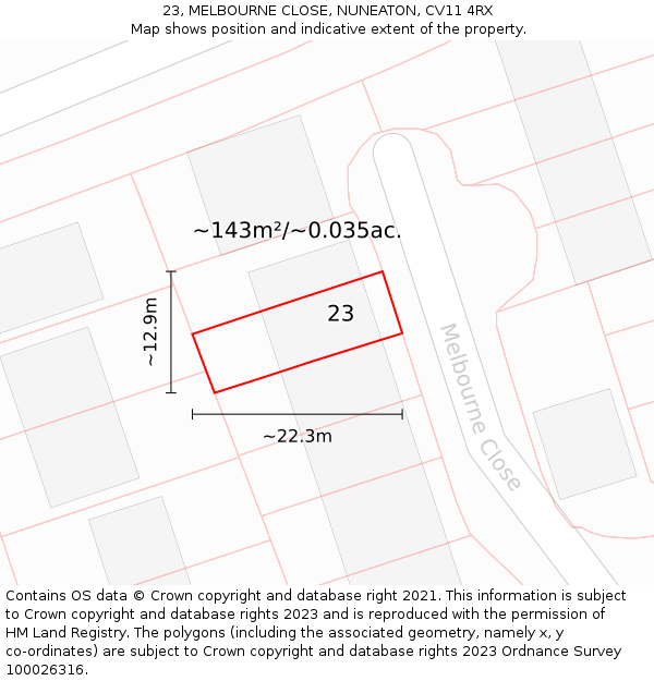 23, MELBOURNE CLOSE, NUNEATON, CV11 4RX: Plot and title map