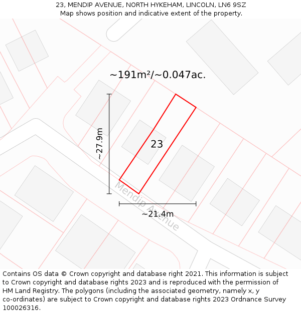 23, MENDIP AVENUE, NORTH HYKEHAM, LINCOLN, LN6 9SZ: Plot and title map