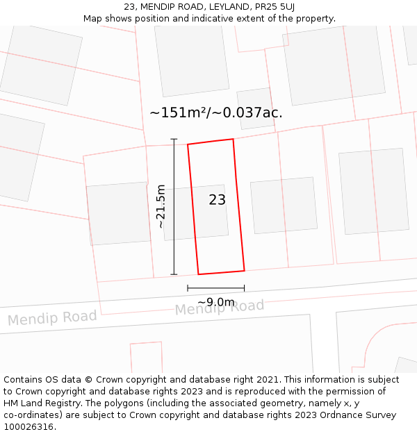 23, MENDIP ROAD, LEYLAND, PR25 5UJ: Plot and title map