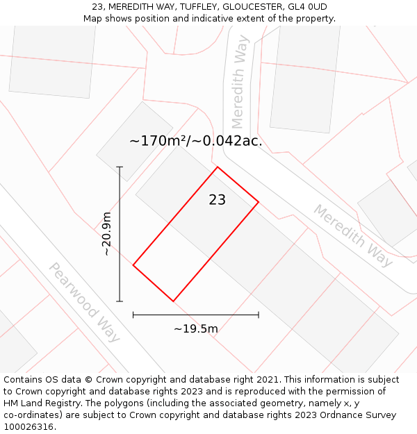 23, MEREDITH WAY, TUFFLEY, GLOUCESTER, GL4 0UD: Plot and title map