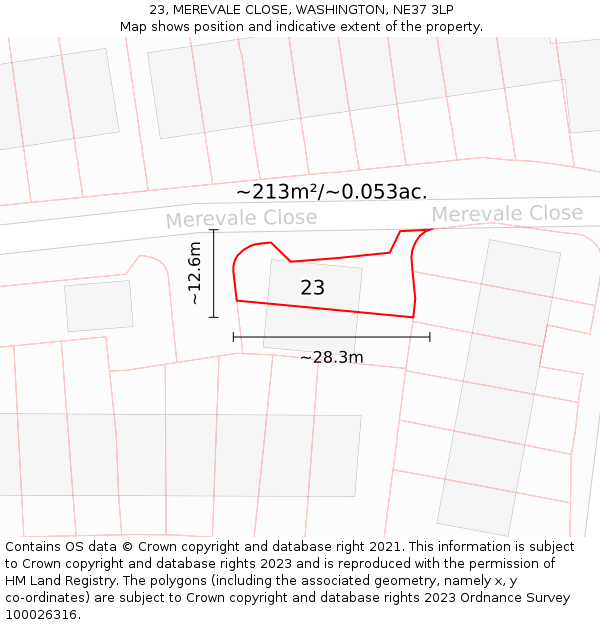 23, MEREVALE CLOSE, WASHINGTON, NE37 3LP: Plot and title map