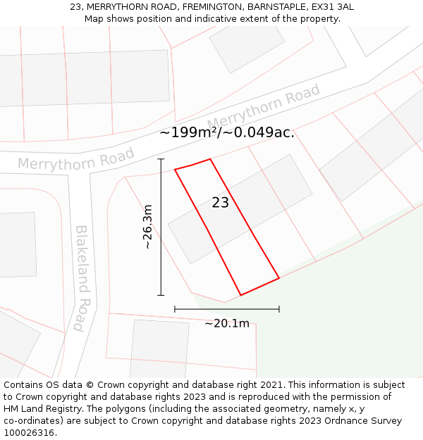 23, MERRYTHORN ROAD, FREMINGTON, BARNSTAPLE, EX31 3AL: Plot and title map