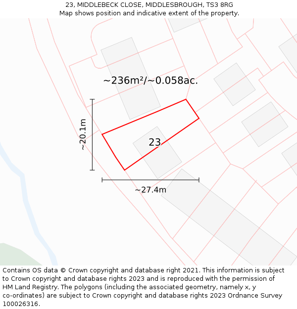 23, MIDDLEBECK CLOSE, MIDDLESBROUGH, TS3 8RG: Plot and title map