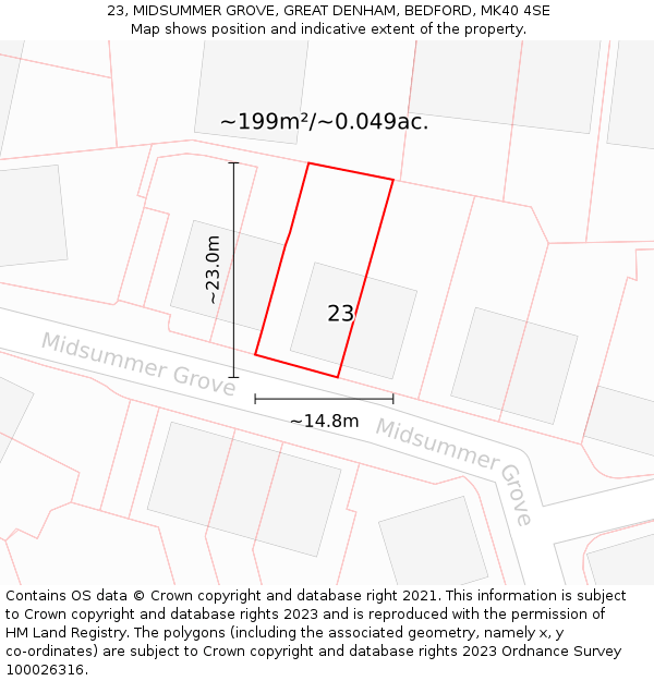 23, MIDSUMMER GROVE, GREAT DENHAM, BEDFORD, MK40 4SE: Plot and title map