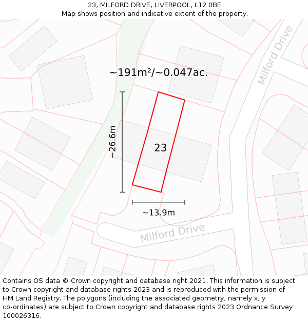 23, MILFORD DRIVE, LIVERPOOL, L12 0BE: Plot and title map