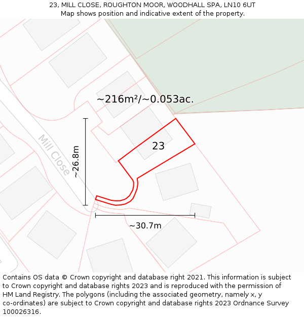 23, MILL CLOSE, ROUGHTON MOOR, WOODHALL SPA, LN10 6UT: Plot and title map