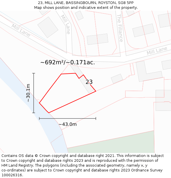 23, MILL LANE, BASSINGBOURN, ROYSTON, SG8 5PP: Plot and title map