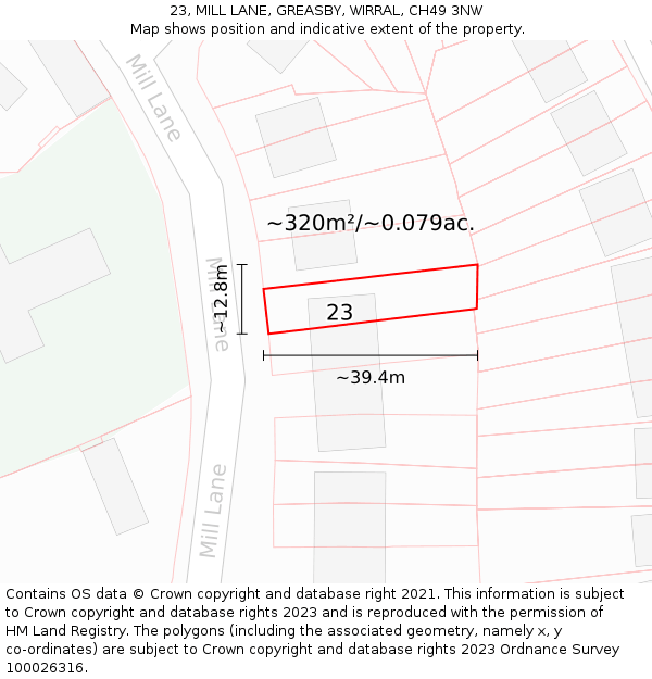 23, MILL LANE, GREASBY, WIRRAL, CH49 3NW: Plot and title map