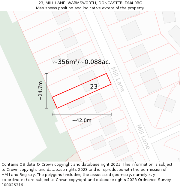 23, MILL LANE, WARMSWORTH, DONCASTER, DN4 9RG: Plot and title map